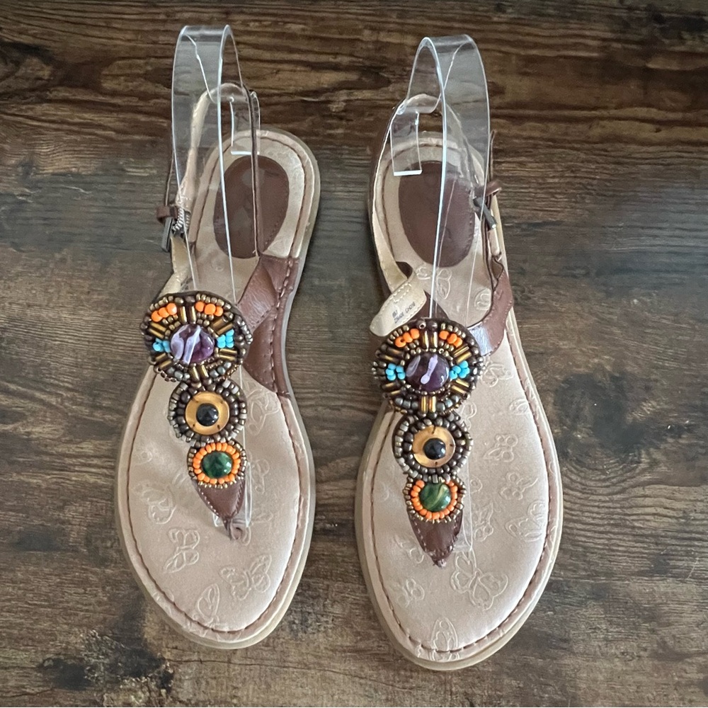 BOC Brown Leather Beaded and Jeweled‎ Thong Toe Sandals Women's 8 - Picture 8 of 12